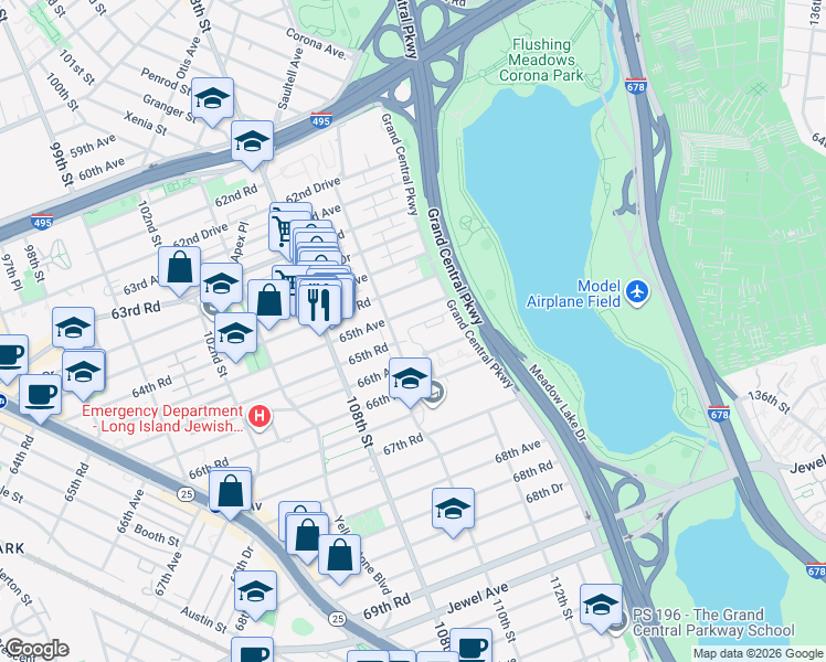 map of restaurants, bars, coffee shops, grocery stores, and more near 110-36 65th Avenue in Queens