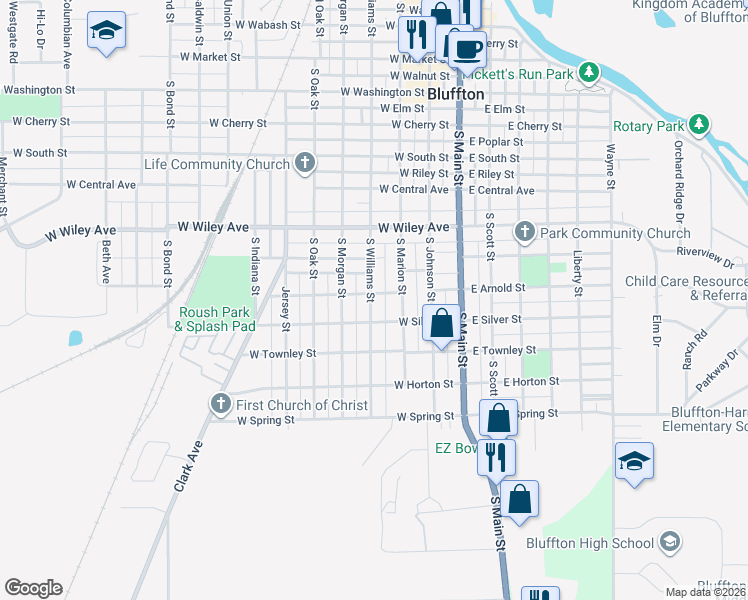 map of restaurants, bars, coffee shops, grocery stores, and more near 807 South Williams Street in Bluffton