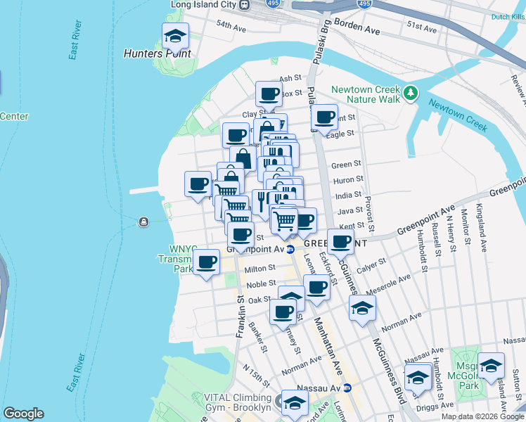 map of restaurants, bars, coffee shops, grocery stores, and more near 109 India Street in Brooklyn