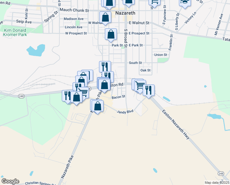 map of restaurants, bars, coffee shops, grocery stores, and more near 32 Easton Road in Nazareth