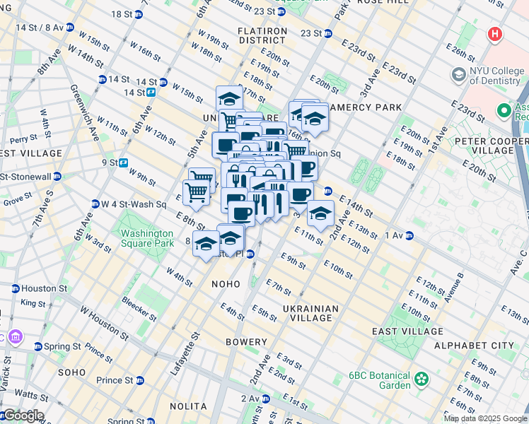 map of restaurants, bars, coffee shops, grocery stores, and more near 100 4th Avenue in New York