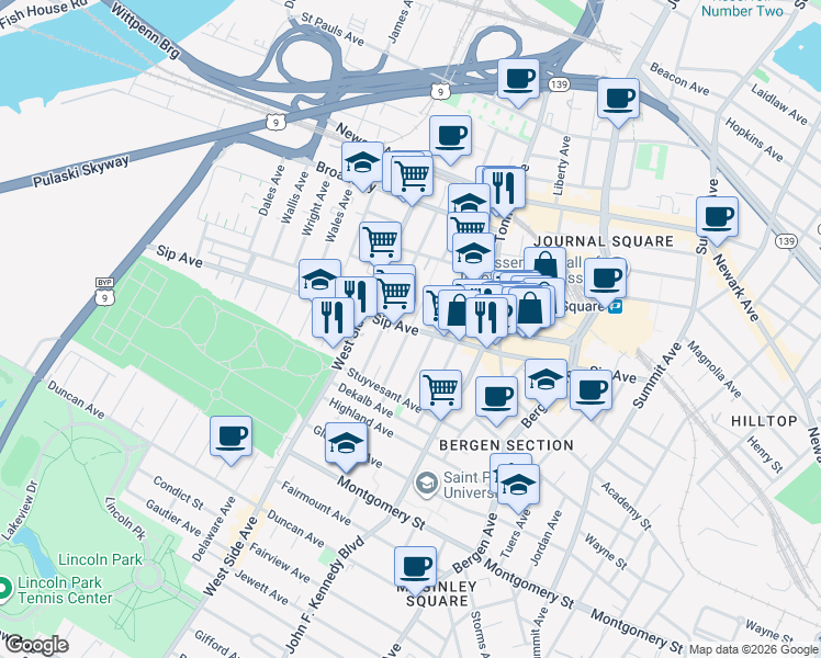 map of restaurants, bars, coffee shops, grocery stores, and more near Sip Avenue & Van Wagenen Avenue in Jersey City