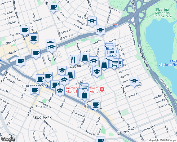 map of restaurants, bars, coffee shops, grocery stores, and more near 102-01 63rd Drive in Queens