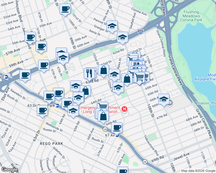 map of restaurants, bars, coffee shops, grocery stores, and more near 63-60 102nd Street in Queens