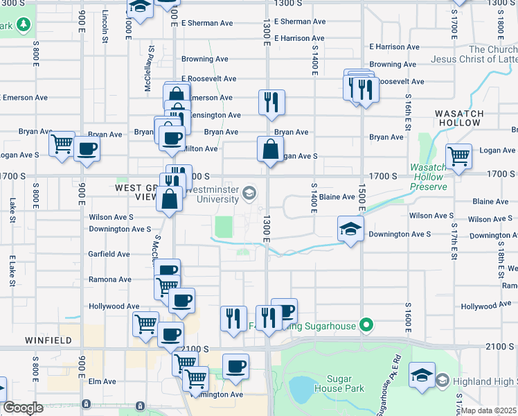 map of restaurants, bars, coffee shops, grocery stores, and more near 1840 South 1300 East in Salt Lake City