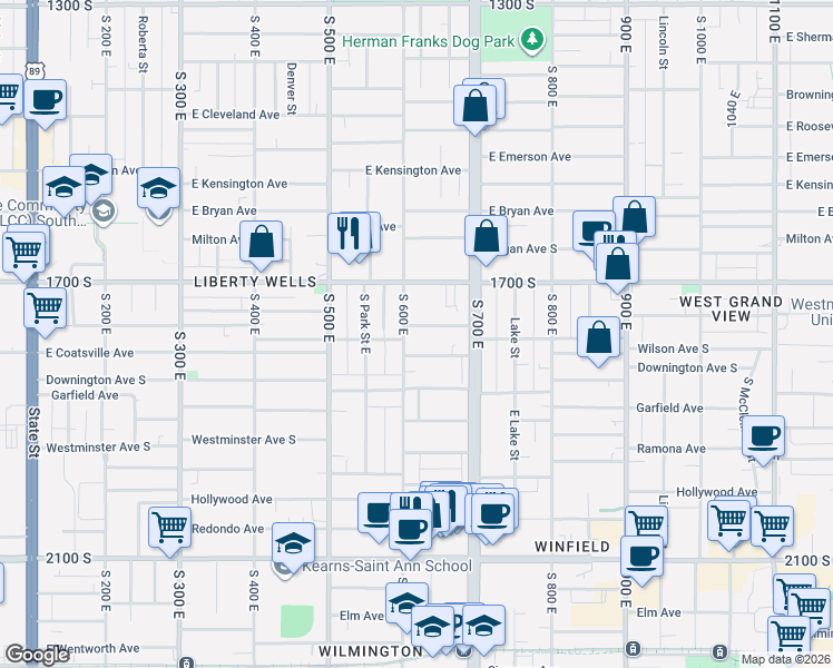 map of restaurants, bars, coffee shops, grocery stores, and more near 614 Wilson Avenue South in Salt Lake City