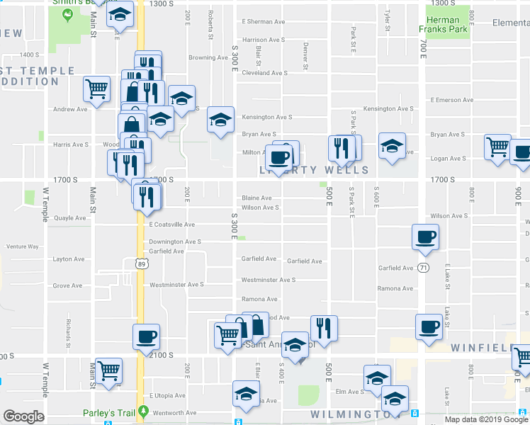 map of restaurants, bars, coffee shops, grocery stores, and more near 359 Wilson Avenue South in Salt Lake City