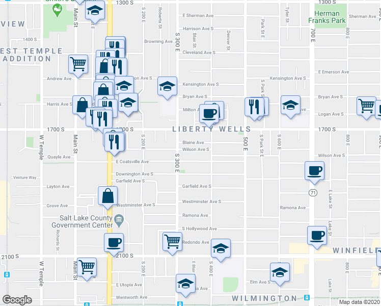 map of restaurants, bars, coffee shops, grocery stores, and more near 315 Wilson Avenue South in Salt Lake City