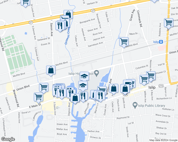 map of restaurants, bars, coffee shops, grocery stores, and more near 2447 Union Boulevard in Islip