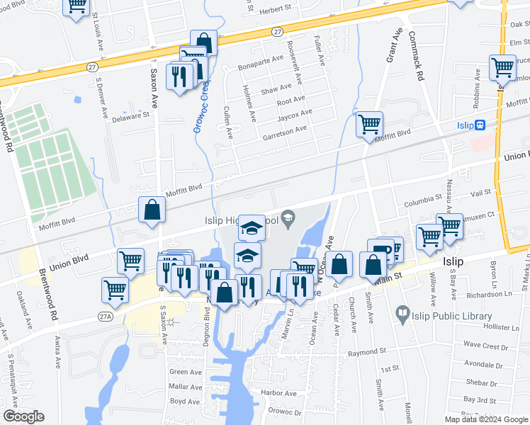 map of restaurants, bars, coffee shops, grocery stores, and more near 2447 Union Boulevard in Islip
