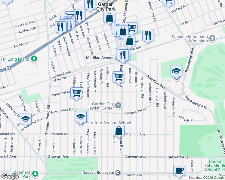 map of restaurants, bars, coffee shops, grocery stores, and more near 194 Euston Road in Garden City