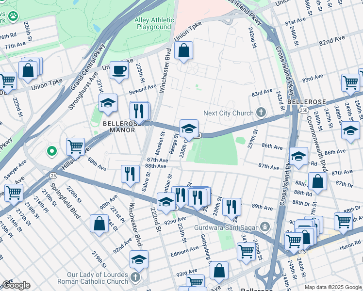 map of restaurants, bars, coffee shops, grocery stores, and more near 86-14 235th Court in Queens
