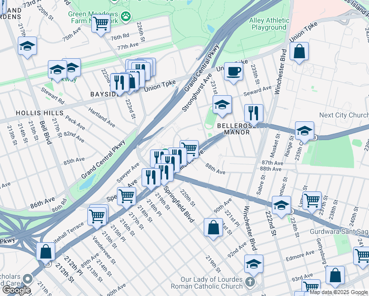 map of restaurants, bars, coffee shops, grocery stores, and more near 221-36 Manor Road in Queens