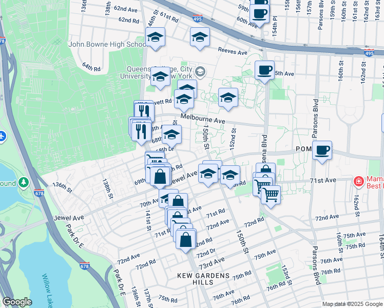 map of restaurants, bars, coffee shops, grocery stores, and more near 465 Driveway in Queens