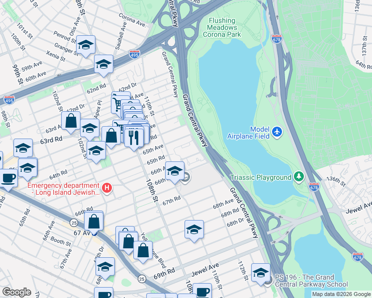 map of restaurants, bars, coffee shops, grocery stores, and more near 110-36 65th Avenue in Queens