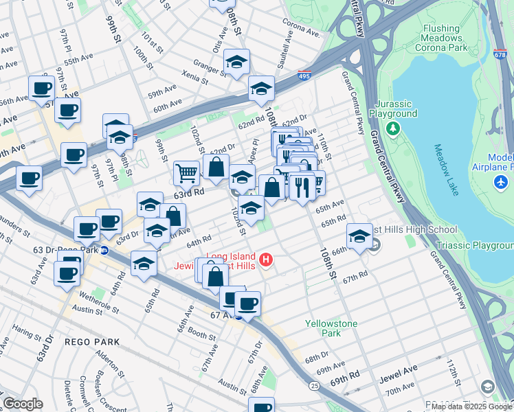 map of restaurants, bars, coffee shops, grocery stores, and more near 63-55 102nd Street in Queens