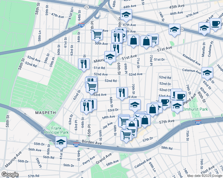 map of restaurants, bars, coffee shops, grocery stores, and more near 66-43 52nd Drive in Queens