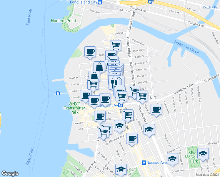 map of restaurants, bars, coffee shops, grocery stores, and more near 109 India Street in Brooklyn