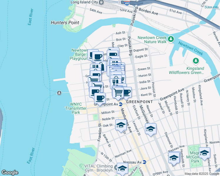 map of restaurants, bars, coffee shops, grocery stores, and more near 109 India Street in Brooklyn