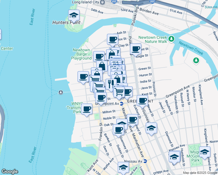 map of restaurants, bars, coffee shops, grocery stores, and more near 109 India Street in Brooklyn