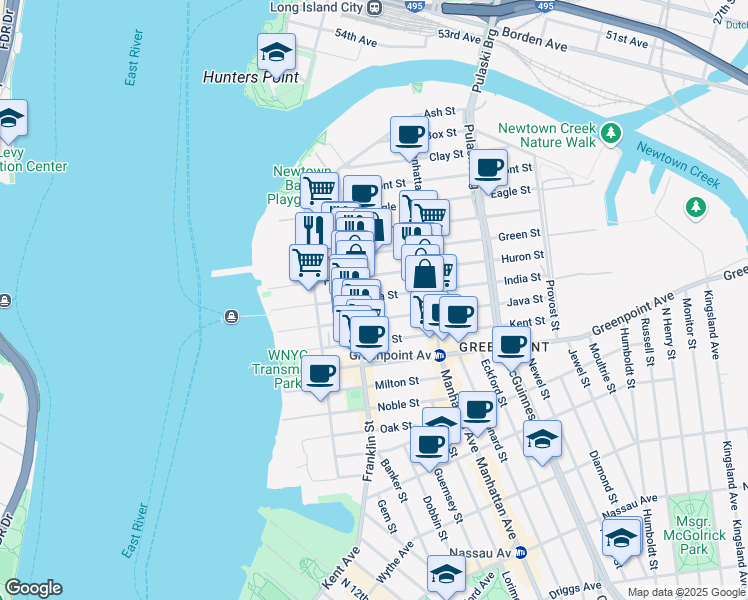 map of restaurants, bars, coffee shops, grocery stores, and more near 159 Franklin Street in Brooklyn