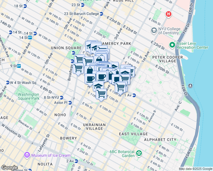 map of restaurants, bars, coffee shops, grocery stores, and more near 230 East 14th Street in New York