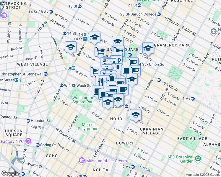 map of restaurants, bars, coffee shops, grocery stores, and more near 21 East 10th Street in New York