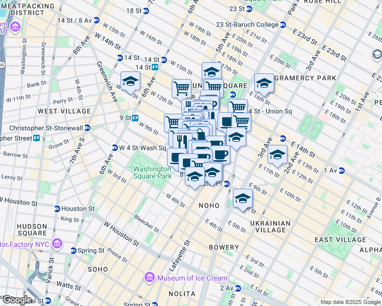 map of restaurants, bars, coffee shops, grocery stores, and more near 21 East 10th Street in New York