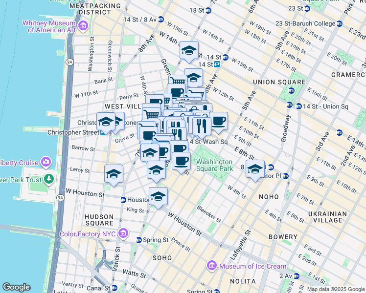 map of restaurants, bars, coffee shops, grocery stores, and more near 340 6th Avenue in New York