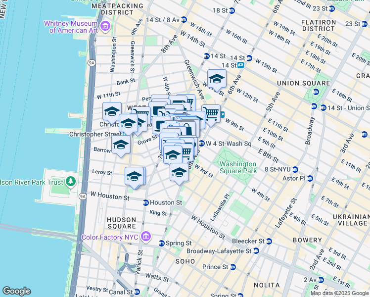 map of restaurants, bars, coffee shops, grocery stores, and more near 100a 7th Avenue South in New York