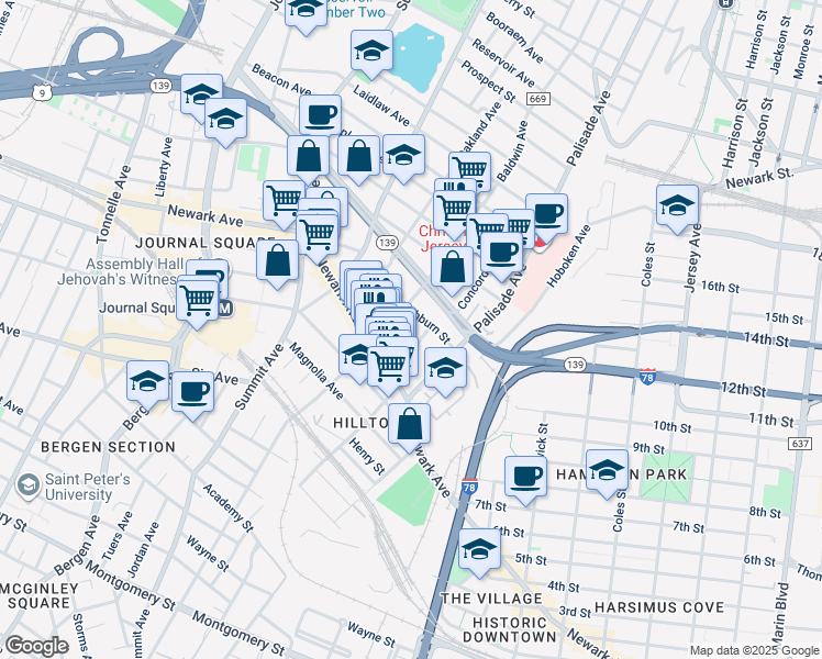 map of restaurants, bars, coffee shops, grocery stores, and more near 46 Washburn Street in Jersey City