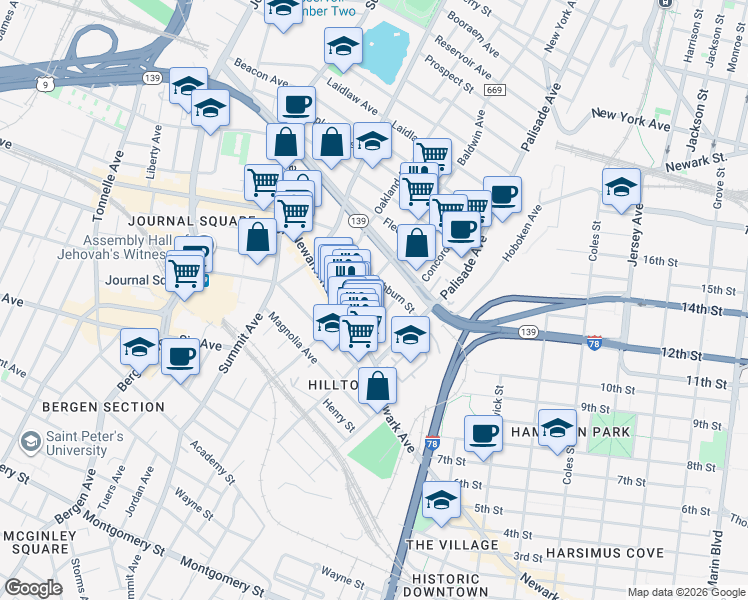 map of restaurants, bars, coffee shops, grocery stores, and more near 46 Washburn Street in Jersey City
