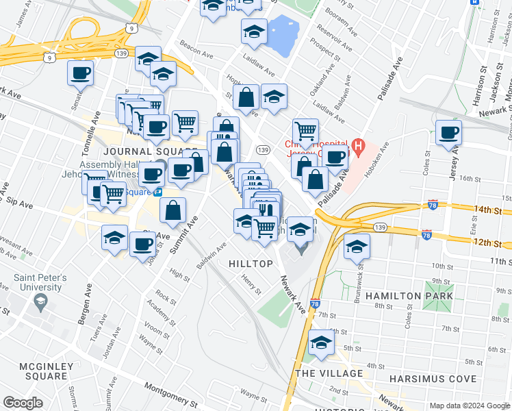 map of restaurants, bars, coffee shops, grocery stores, and more near 84 Court House Place in Jersey City