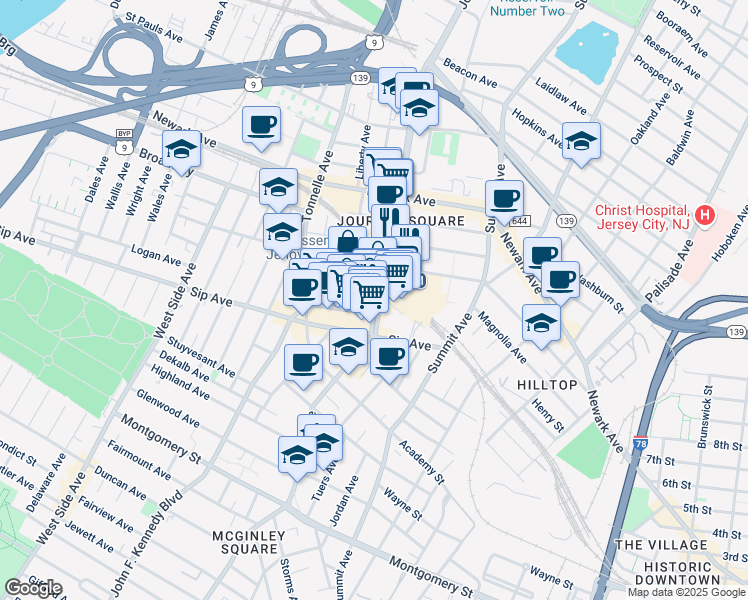 map of restaurants, bars, coffee shops, grocery stores, and more near 1 Path Plaza in Jersey City