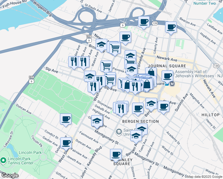 map of restaurants, bars, coffee shops, grocery stores, and more near in Jersey City