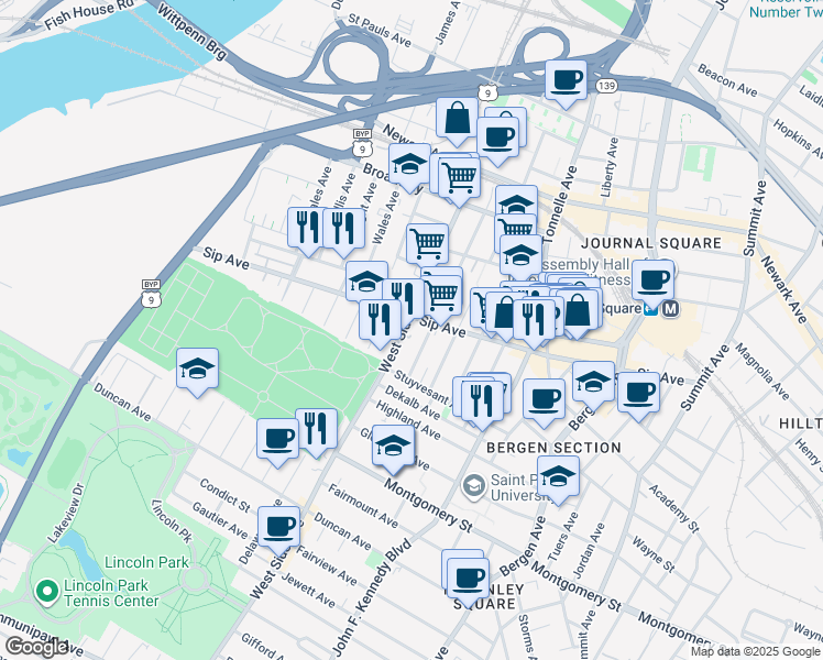 map of restaurants, bars, coffee shops, grocery stores, and more near in Jersey City