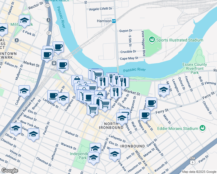 map of restaurants, bars, coffee shops, grocery stores, and more near 854 Raymond Boulevard in Newark