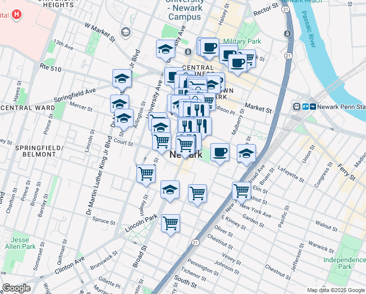 map of restaurants, bars, coffee shops, grocery stores, and more near 907-913 Broad Street in Newark