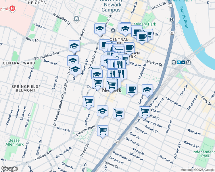 map of restaurants, bars, coffee shops, grocery stores, and more near 907-913 Broad Street in Newark