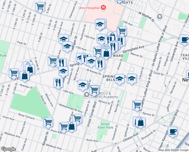 map of restaurants, bars, coffee shops, grocery stores, and more near 49 Boyd Street in Newark