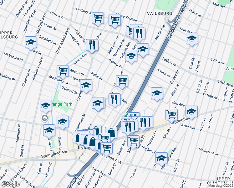 map of restaurants, bars, coffee shops, grocery stores, and more near 15 Fuller Place in Irvington