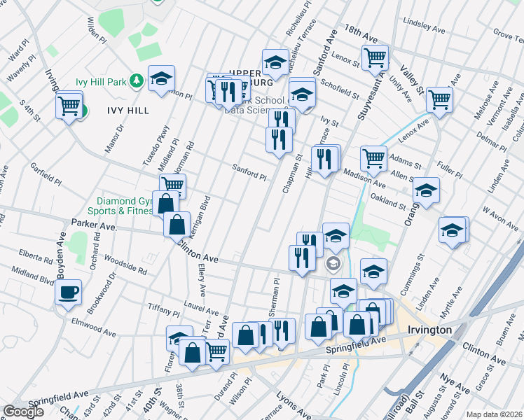 map of restaurants, bars, coffee shops, grocery stores, and more near 30 Marsac Place in Newark