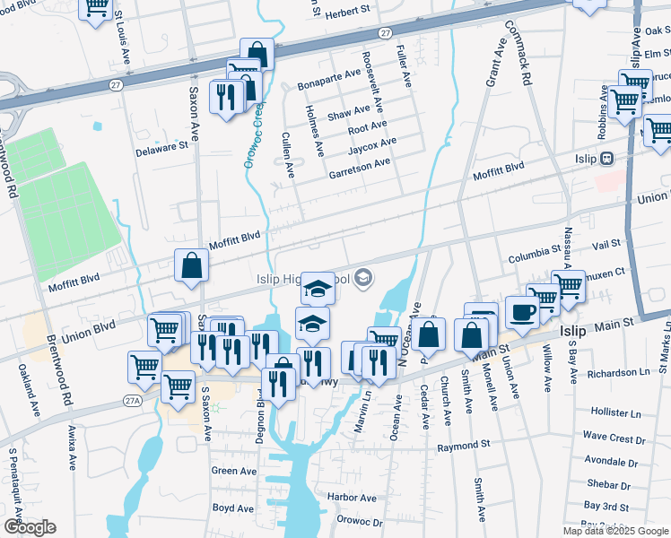 map of restaurants, bars, coffee shops, grocery stores, and more near 2449 Union Boulevard in Islip