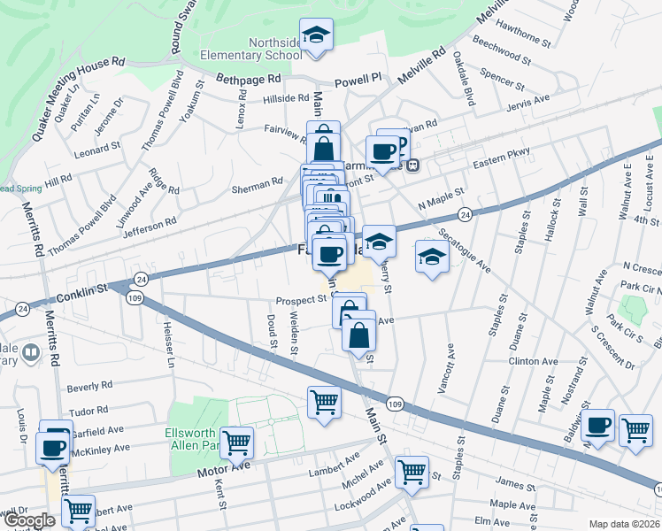 map of restaurants, bars, coffee shops, grocery stores, and more near  in Farmingdale