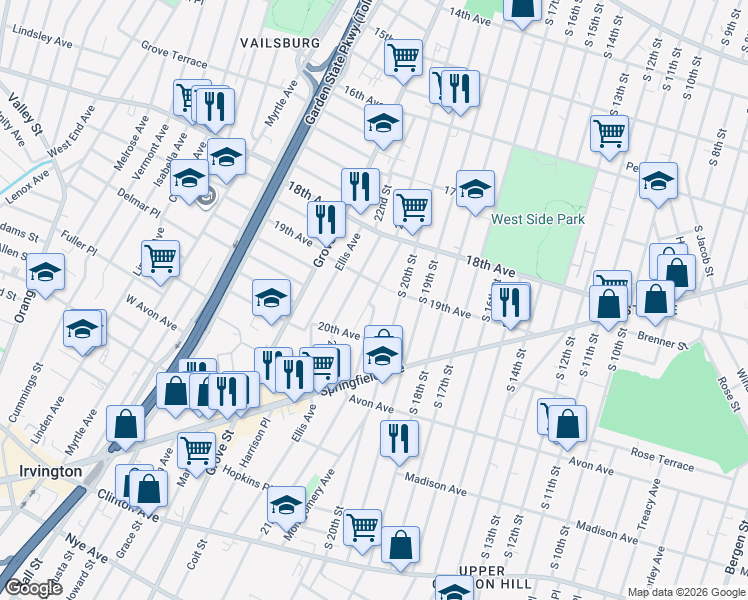 map of restaurants, bars, coffee shops, grocery stores, and more near 100 22nd Street in Irvington
