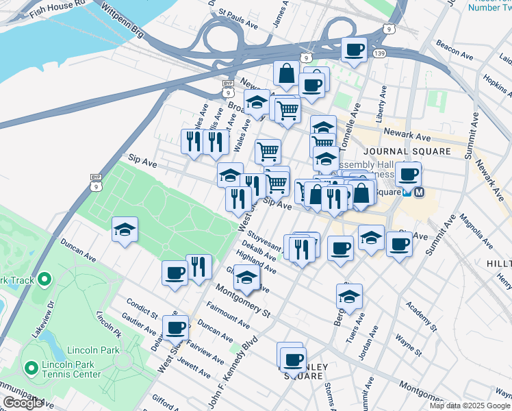 map of restaurants, bars, coffee shops, grocery stores, and more near 274 Sip Avenue in Jersey City
