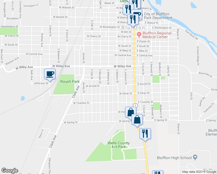map of restaurants, bars, coffee shops, grocery stores, and more near 807 South Williams Street in Bluffton