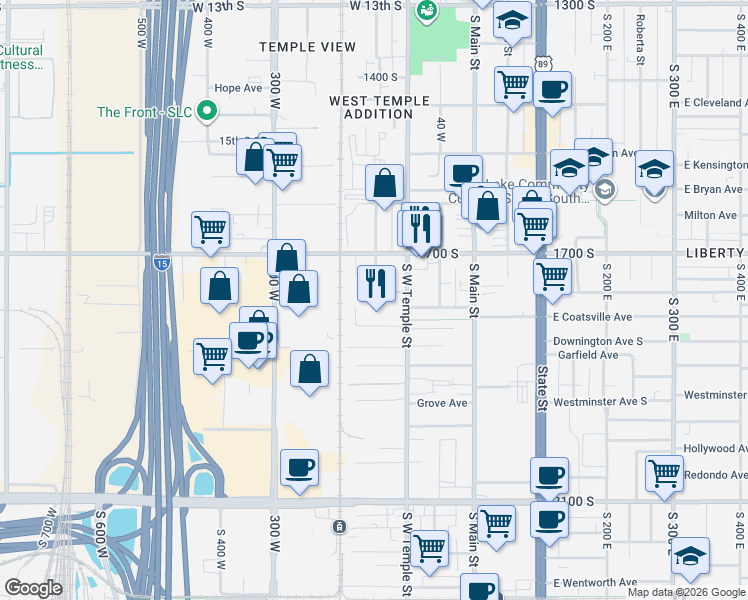 map of restaurants, bars, coffee shops, grocery stores, and more near 1750 South Jefferson Circle in Salt Lake City