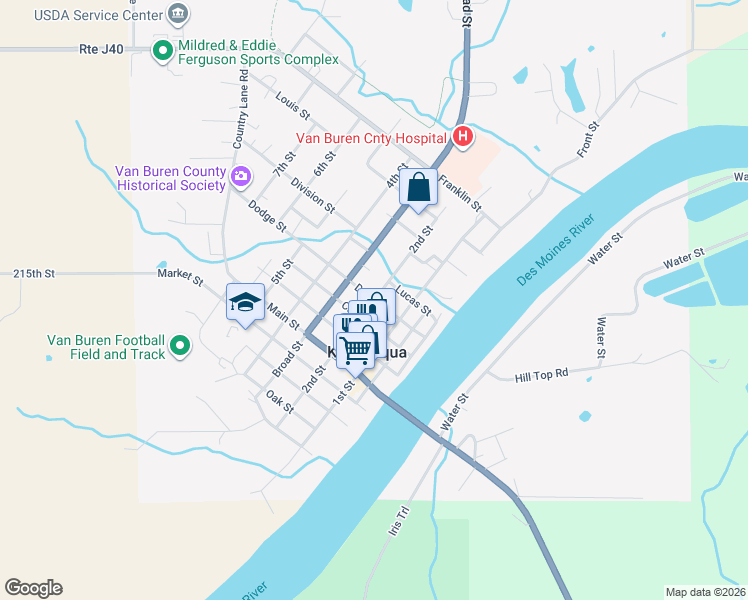 map of restaurants, bars, coffee shops, grocery stores, and more near 2nd Street in Keosauqua