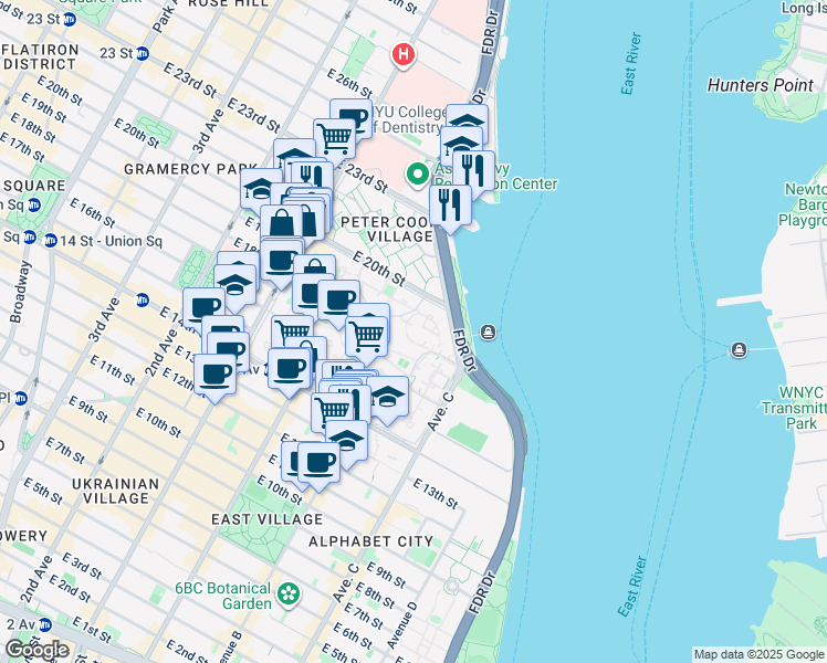 map of restaurants, bars, coffee shops, grocery stores, and more near 624 East 20th Street in New York